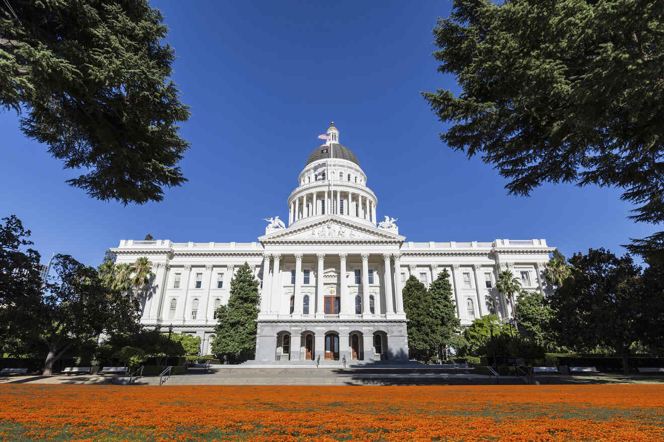 The California State Capitol building in Sacramento, with vibrant orange poppy fields in the foreground against a backdrop of blue sky, symbolizing state governance and natural beaut